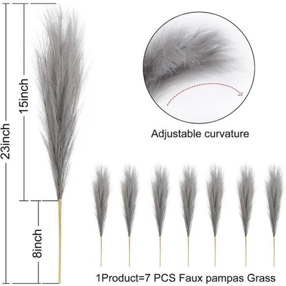 Faux Pampas Grass,7 PCS 24 inch Gray Pampas Grass Decor, 7 Branches |Fluffy Stem - Picture 6 of 6